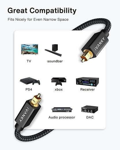 IVANKY Optical Audio Cable 3.3ft/1M, Nylon Braided, 24K Gold-Plated, Slim Metal Case, CL3 Rated, S/PDIF Digital Audio Fiber Optic Cable for Home Theater, Sound Bar, TV, PS4, Xbox, Samsung, Vizio