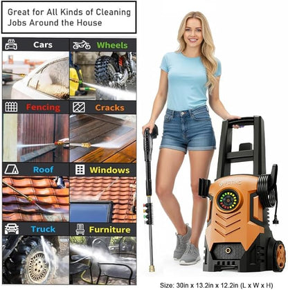 FOTING Pressure Washer with Adjustable Touch Screen 8 Level, 4 Quick Connect Nozzles,Inlet Hose&Filter&Foam Cannon for Cars/Fences/Driveways/Home Cleaning,Red