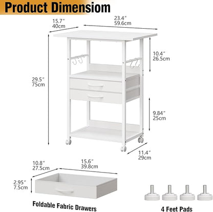 VENNQD Large Printer Stand with Storage Fabric Drawer Under Desk Printer Table with Wheels for Home Office, Printer Cart fit Fax Machine Scanner (White, 3 Tiers)