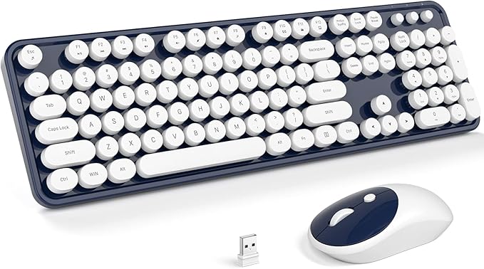 MOFII Wireless Keyboard and Mouse Combo, Computer Full Size 2.4G Plug and Play Wireless Typewriter Retro Round Keyboard and Mouse Set for Windows, Computer, Desktop, PC, Notebook - (Dark Blue)