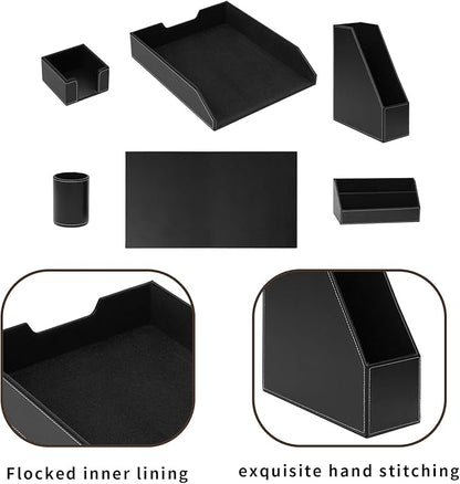Office Supplies PU Leather 6-Piece Set Desk Organizer,Include Writing Pad,Letter Tray,file folder Sorter/Magazine Holder,Pen Cup,Note Holder,Business Card Holder,Man/Woman Office Gift,Black