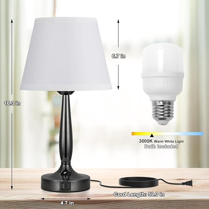 Kakanuo Touch Bedside Lamp for Bedroom with USB C Port, Small Touch Table Lamp with 2 USB Charging Ports, 3 Way Dimmable Nightstand Lamp for Living Room and Office - White (LED Bulb Included)