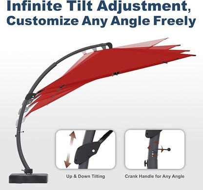 12FT Cantilever Umbrella with Base Large Curvy Outdoor Aluminum Offset Umbrella w/ 360° Rotation, UV Resistant Canopy for Patio, Garden, Backyard, Red