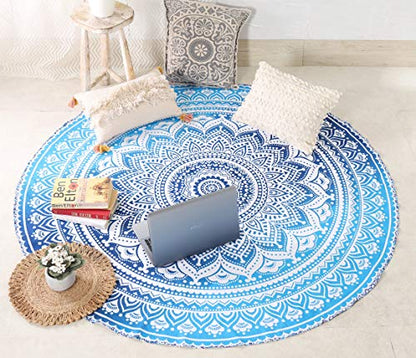 Popular Handicrafts Round Tapestry Wall Hanging Ombre Hippie Mandala Bohemian Hippy Intricate Indian Tapestries Tablecloth 68 Inches (173cm) Blue & Black Grey - color: Blue and Black Grey