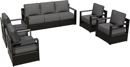 Aluminum Outdoor Conversation Furniture Set - All Weather Patio 79" Sofa with 4 Armchairs, 6" Water-Resistant Cushions & Furniture Covers & Metal Armrest for Deck Porch (Grey)