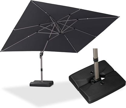 PURPLE LEAF 9' x 11' Patio Umbrella with Base Cantilever Umbrella Rectangular Outdoor Offset Umbrella with Champagne Frame and 360° Rotation for Garden Deck Pool, Black