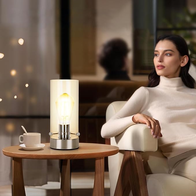 Table Lamp for Bedroom, Bedside Modern Nightstand Lamp with Glass Lamp Shape, 2700K 6W Glass Bulb Included(Chrome).