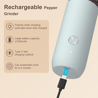Ultrean Pepper Grinder, Rechargeable Salt and Pepper Grinder with 6 Adjustable Coarseness, LED Light, One-Hand Automatic Operation, Blue