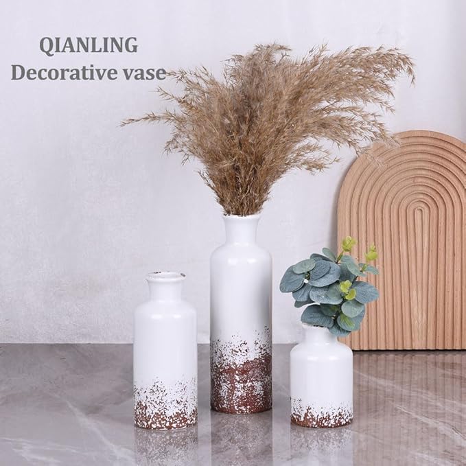 Gray Ceramic Vase Set - 3 Grey Small Vases, Farmhouse Country Flower Vase Home Decor, Living Room Decoration, Table Decoration, Fireplace Decor, and Entrance Decorations Centerpieces