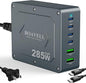 USB C Charger Block, 285W 6-Port GaN Fast Charging Station Hub with 100W Cable, Dual PD 100W Multi-Device USB C Wall Charger Adapter for iPhone 17 16 15, MacBook, Laptop, iPad, Samsung Galaxy and More