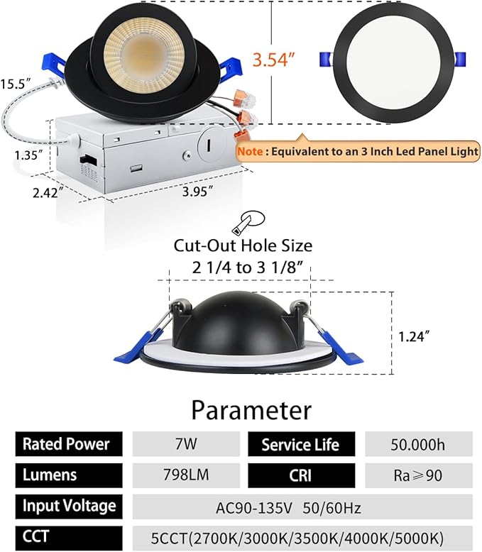 Adetu 3 Inch 5CCT Gimbal Black Led Recessed Lighting with Junction Box, 2700K/3000K/3500K/4000K/5000K, 7W Eqv 80W, 360°+90° Adjustable Led Recessed Lights, 798LM Brightness - ETL (Black, 6 Pack)