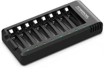 POWEROWL 8 Bay AA AAA Battery Charger, USB High-Speed Charging, Independent Slot, for Ni-MH Rechargeable Batteries, No Adapter