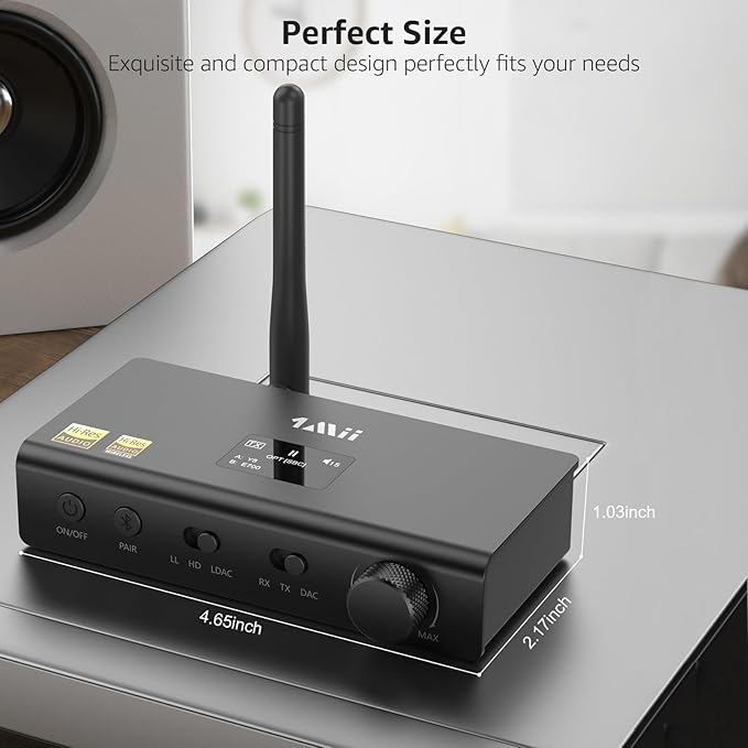 1Mii DS700 HiFi Bluetooth Audio Transmitter Receiver for TV, Long Range Wireless Adapter with Audiophile DAC, LDAC/aptX HD/aptX LL, OLED Display, Optical & Coaxial Input/Output, RCA Output Only