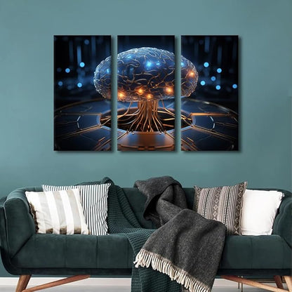 Concept Wall Decor Artificial Intelligence Pictures Posters 3 Pieces Robot Brain Wall Art for Home Decoration, AI Artwork Wooden Framed Gallery-Wrapped Ready to Hang, 36" Wx24 H