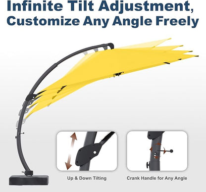 11FT Cantilever Umbrella with Base Large Curvy Outdoor Aluminum Offset Umbrella w/ 360° Rotation, UV Resistant Canopy for Patio, Garden, Backyard, Sunshine Yellow