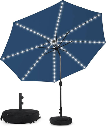 Sundale Outdoor Olefin 5-Year-Non-Fading Solar 88 LED 10FT Solar Patio Umbrella with Sand Bag Base, Outdoor Umbrella with Tilt and Crank, Navy