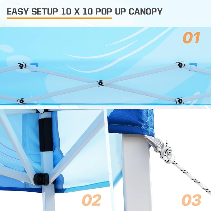 EAGLE PEAK 10x10 Slant Leg Pop-up Canopy Tent Easy One Person Setup Instant Outdoor Beach Canopy Folding Portable Sports Shelter 10x10 Base 8x8 Top (Blue Abstract)