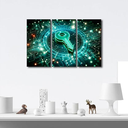 TUMOVO AI Wall Decor 3 Pieces Canvas Wall Art Key Icon on Digital Circuit Board Background Pictures for Home Hotel Wall Decoration, Artificial Intelligence Artwork Ready to Hang, 36" Wx24 H