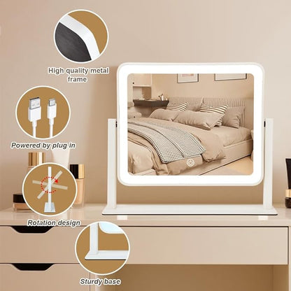 Rechargeable Vanity Mirror with Lights,14"x12"LED Lighted Makeup Mirror,Large Makeup Mirror with Lights,Touch Screen with 3-Color Lighting,Dimmable,for Vanity Desk Tabletop,Bedroom