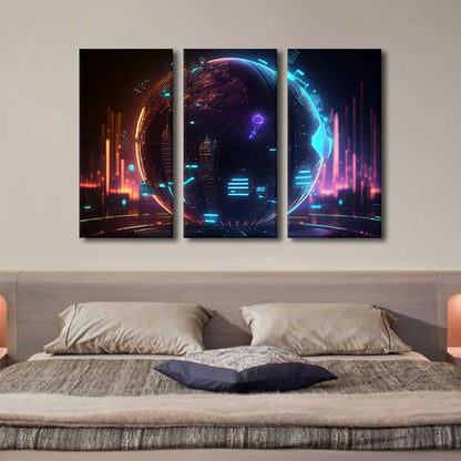 TUMOVO 3 Panel Modern Wall Art Cyber Space 3D Poster on Canvas for Bedroom Living Room Wall Decoration, Neon Digital World Artwork Giclee Wooden Framed Ready to Hang, 42" Wx28 H