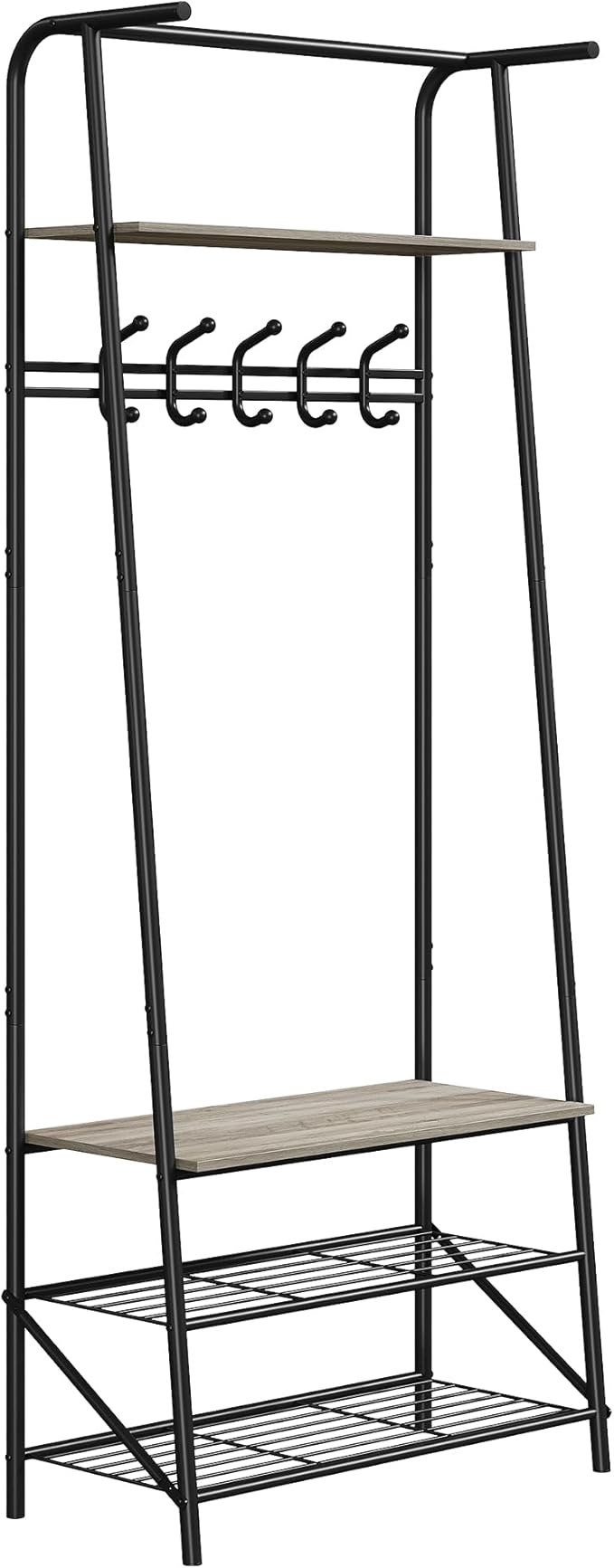 Hall Tree with Shoe Storage Bench & 5 Hooks – Entryway Coat Rack Organizer, Metal Frame, Wood Look – Multi-Functional for Entryway, Living Room, Bedroom – Single Row Hook, 60cm Wide, Gray