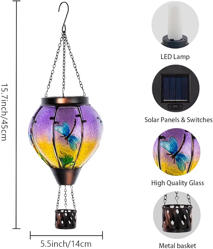 Starsoul Dragonfly Hot Air Balloon Solar Lantern Outdoor Glass Hanging Hot Air Balloon Lantern with Flame Light Waterproof for Patio Pathway Yard Porch Backyard Decor