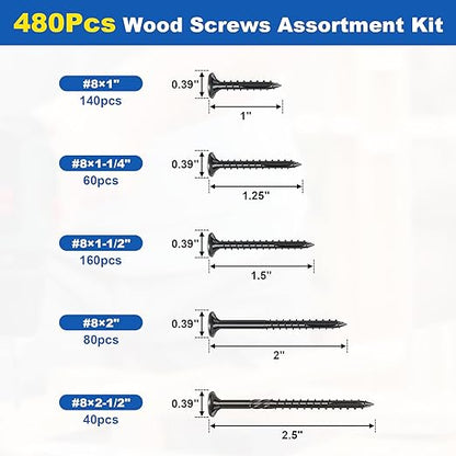 480Pcs Deck Screws, #8 Wood Screws Assortment Kit, 5Sizes Assorted Screw Set, Rust Resistant Torx Screws with Flat Head, Black Screw Kit for Woodworking Projects, Star Bit Included