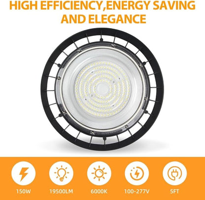 LED High Bay Light,Industrial,150W 19500LM,6000K Daylight,AC100-277V,Energy Efficient Warehouse Shop Lighting Fixture with Geometric Design,UFO Light 1pack