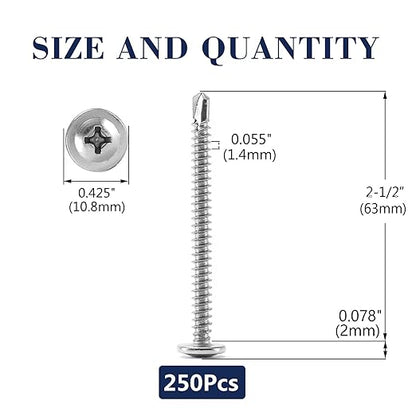#8 x 2-1/2" Sheet Metal Screws 250PCS 410 Stainless Steel Truss Head Fast Self Tapping Screws by SG TZH