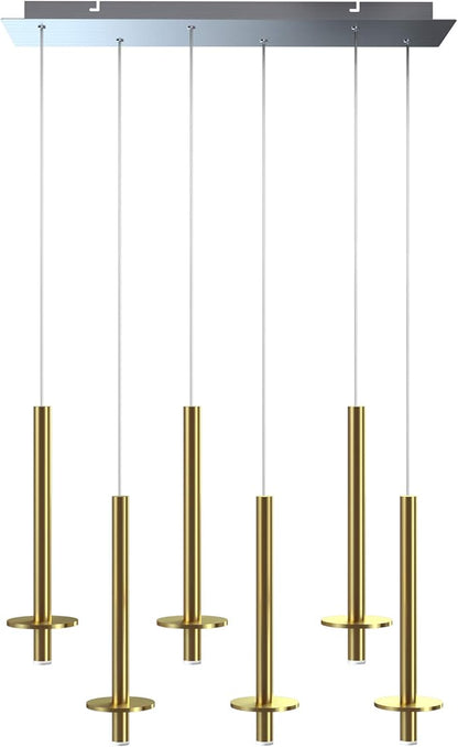 Draco 6 Pendant Lighting Brass – LED Hanging Light Fixture for Kitchen Island, Bar, Foyer – Equilateral Cluster of Mini Metal Rod Pipe Tube Cylinders – Dimmable, Adjustable Wire, Lamp Bulb Included