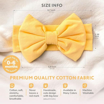 Newborn Baby Girl Headband 0–6 Months – Soft Cotton Big Bow Headband for Infants, Stretchy Baby Hair Band, 4.3" (11 cm) Bow, 2.4" (6 cm) Band (Yellow, 0-6 Month)