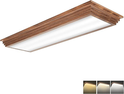 FAITHSAIL 2FT LED Light Fixture with 3000K/4000K/5000K CCT Selectable Dimmable 2 Foot LED Linear with Wooden Look 30W 3300LM Flush Mount Ceiling Wraparound for Kitchen, Bedroom, Laundry