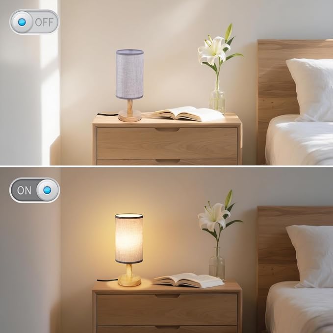 Gray Small Bedside Table Lamp for Bedroom,Natural Round Wood Base&Fabric Linen Shade,Cozy Night Table Light for Study Reading,Minimalist Boho Desk Lamp for Nightstand,Living Room,Nursery,Kitchen,Dorm