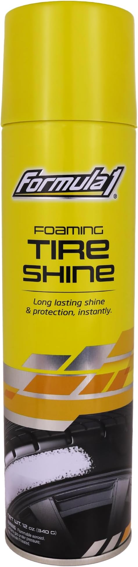 Formula 1 Foaming Tire Shine Aerosol, Wheel Cleaner to Clean, Shine, and Protect Tires with UV Protection, Glossy Black Finish, Long Lasting Wet Look for Cars and Trucks, One Step Application, 12 Oz