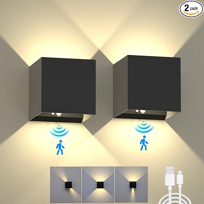 Battery Operated Wall Sconce Set of 2, Motion Sensor Light Indoor, 6000mAh Wall Lights Rechargeable, Cordless LED Energy Saving Night Light for Hallway Stairway Porch, Black