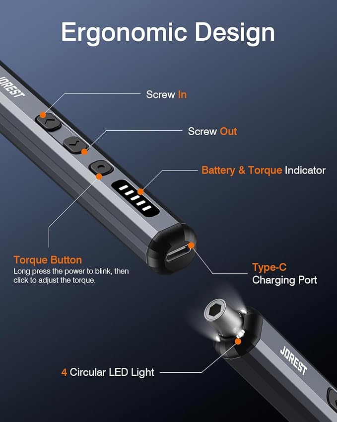 JOREST Mini Electric Screwdriver, Precision Set with 38-in-1 Magnetic Bits, 5 Torque Settings, LED Light, Repair Tool Kit for iPhones, Laptop, Drone, Game Console, Camera, Glasses, Watches, Toys