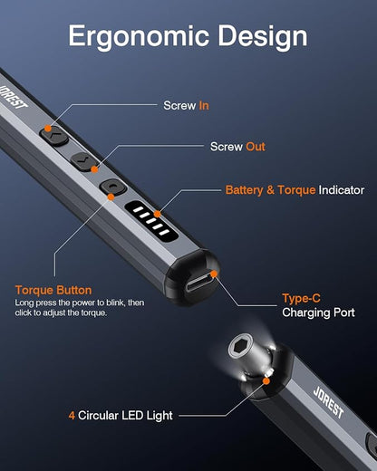 JOREST Mini Electric Screwdriver, Precision Set with 38-in-1 Magnetic Bits, 5 Torque Settings, LED Light, Repair Tool Kit for iPhones, Laptop, Drone, Game Console, Camera, Glasses, Watches, Toys