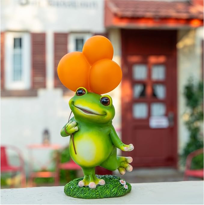 WHIMSYNOOK 11.8" Resin Frog with Balloon Solar LED Garden Statue Light, Ideal for, Porch, Lawn, Yard, Housewarming, or Birthday Gifts for Mom, Family, and Froggy Lovers
