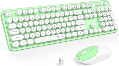 MOFII Wireless Keyboard and Mouse Combo, Computer Full Size 2.4G Plug and Play Wireless Typewriter Retro Round Keyboard and Mouse Set for Windows, Computer, Desktop, PC, Notebook - (Light Green)