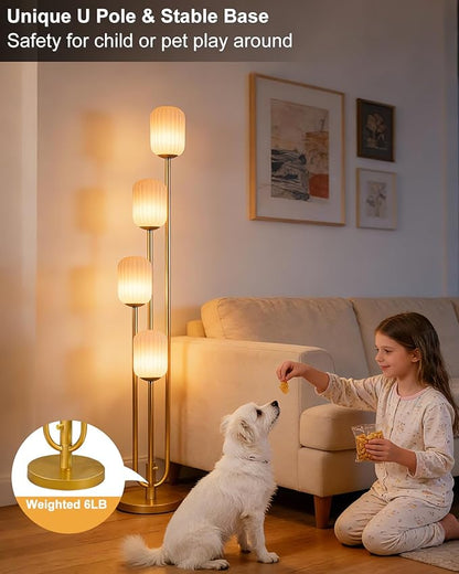 Lightdot Gold Floor Lamp 4-Lights Dimmable Floor Lamps with Cylinder-Shaped Lampshade 3000K Bulbs Included Unique Modern Standing Tall Lamp for Living Room/Bedroom/Sofa Beside/Corner Decor