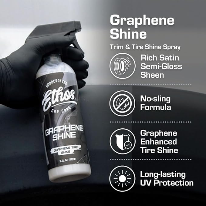 Ethos Graphene Shine - Trim & Tire Shine Spray, High Sheen, Non Greasy, Sling Free Finish! Conditions and Protects Rubber with UV Protection (Gallon)