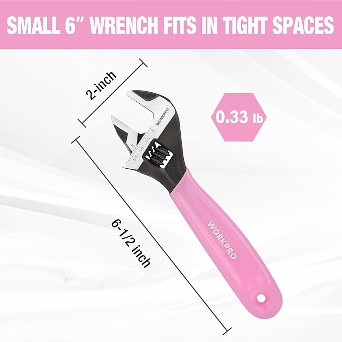 WORKPRO 6-Inch Pink Adjustable Wrench, Cr-V Steel, Wide Jaw Black Oxide Wrench, Metric & SAE Scales, for Home, Garage, Workshop and DIY-Pink Ribbon