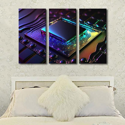 TUMOVO 3 Piece Canvas Wall Art Vibrant Colorful Computer Chip on Circuit Board Posters and Prints AI Prints on Canvas, Modern Artwork for Living Room Wooden Framed Ready to Hang, 60" Wx40 H