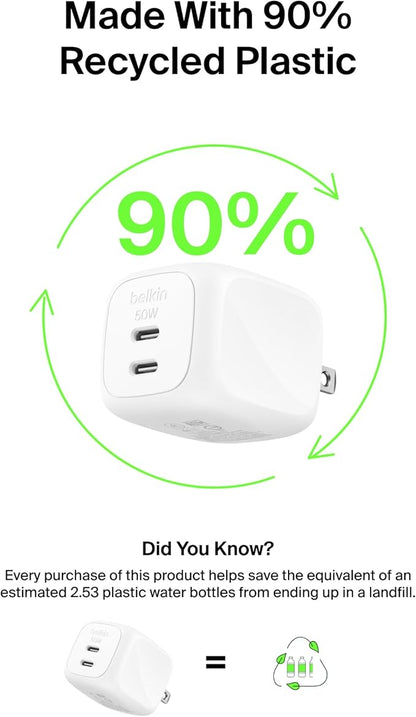 Belkin 2-Port USB C Charger Block 50W, Dual-Port GaN Charger w/ 2X USB C Ports & Included 1M C-C Cable, Fast Charging for MacBook, iPhone, iPad, Chromebook, Galaxy, Pixel - Travel Essentials - White