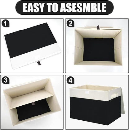 Large 17" 42 Quarts Collapsible Stackable Storage Bins with Lids [3-Pack] Foldable Fabric Linen Storage Boxes Cube, Closet Organizer Baskets with Label for Home (16.7 x 12 x 12", Black & White)