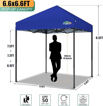 COBIZI 6.6x6.6ft Pop Up Canopy Tent, Heavy Duty Canopy Easy Set up All Weather Waterproof Outdoor Canopy Tent for Parties, Beach, Garden, Camping with 1 Handbag, UPF50+, Deep Blue