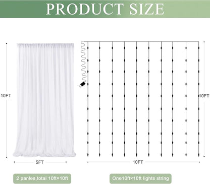 Tulle Backdrop Curtain with Lights String 10FT X 10FT White Sheer Tulle Backdrop Curtains for Wedding Birthday Party Reception Photo Booth Background Decorations (2 Panels 5x10FT)