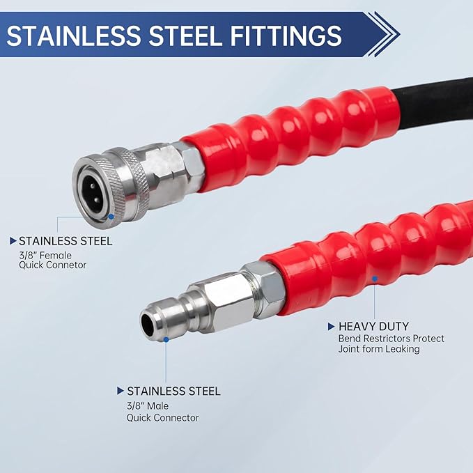 3/8'' Pressure Washer Hose 50FT, Kink Resistant High Tensile Wire Braided Power Washer Hose for Hot and Cold Water with 2 Pcs M22-14mm 3/8" Quick Connect Kit, 5200PSI Commercial Industrial Grade