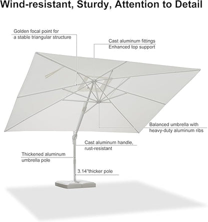 PURPLE LEAF 10' × 13' Patio Umbrella White Cantilever Umbrella Aluminum Square Outdoor Offset Umbrella Hanging Windproof with 360° Rotation for Garden Deck Pool, White
