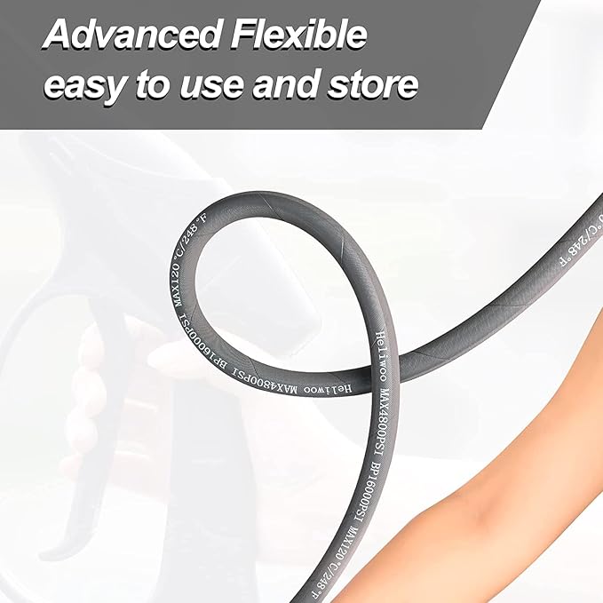 3/8'' Pressure Washer Hose 50 FT, Hot and Cold Water Power Washer Hose Max 248°F, Commercial Industrial Grade Steel Wire Braided Kink Proof Extension Hose with 3/8 Quick Connect 4800 PSI